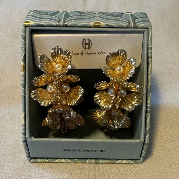 House of Harlow 1960 Gold Floral Earrings with Pearls - Picture 1 of 5